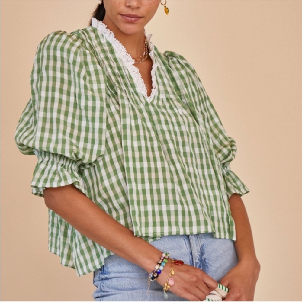 HUNTER BELL Green and White Gingham Puff-Sleeve Blouse